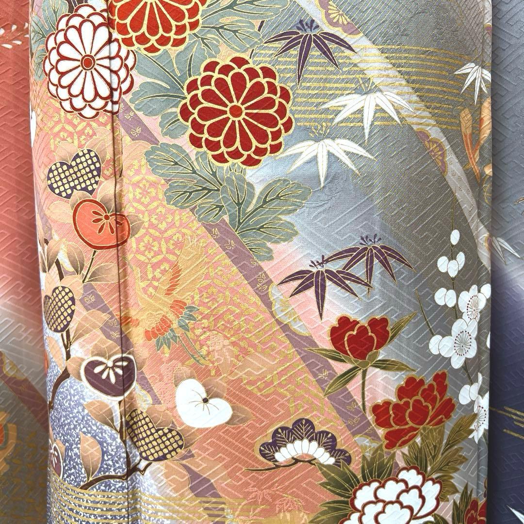 346 振袖フルセット 正絹 サーモンピンク くすみ グレー 金彩 暈し染め 桃