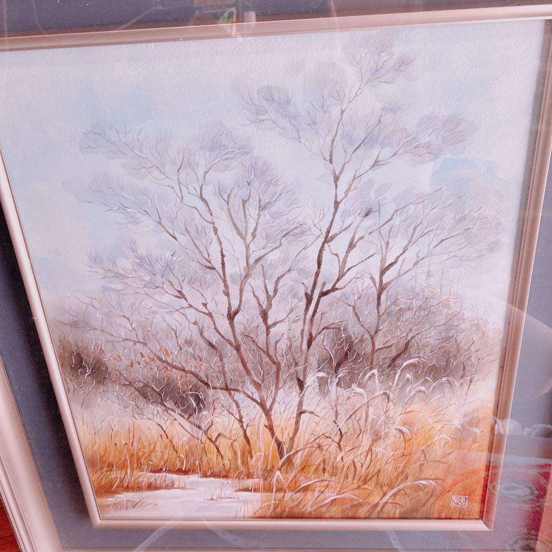 日本絵画　大きい額縁入り　ガラス　風景画自然　描写