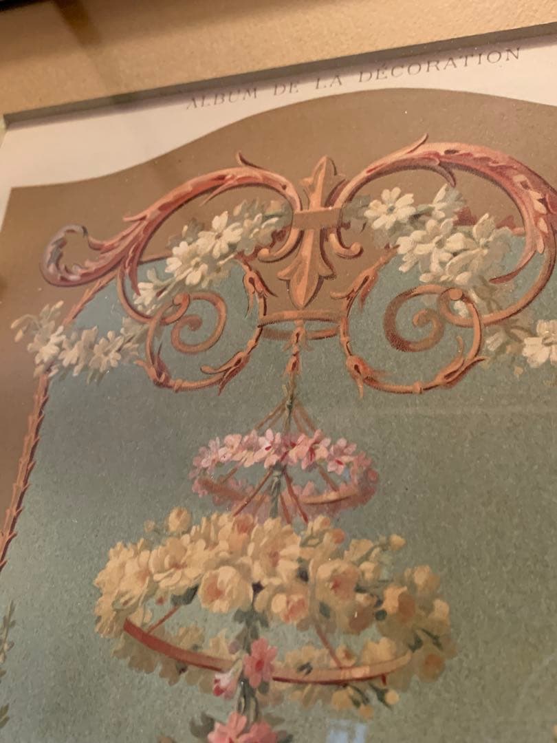 フランス製　アンティーク　1890年の装飾図案集色刷石版額装！花柄ロマンチック！