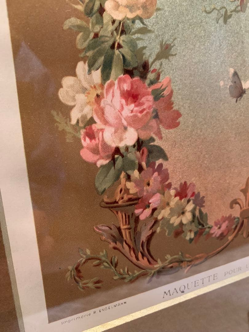 フランス製　アンティーク　1890年の装飾図案集色刷石版額装！花柄ロマンチック！