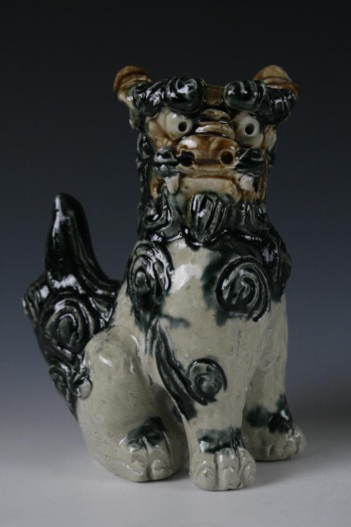 人間国宝金城次郎一門　金城敏徳 作　藍色付立シーサー（中）1対