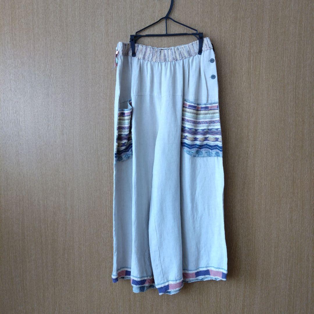 【美品】エムアンドキョウコ　麻100％　ガウチョパンツ ベージュ　2