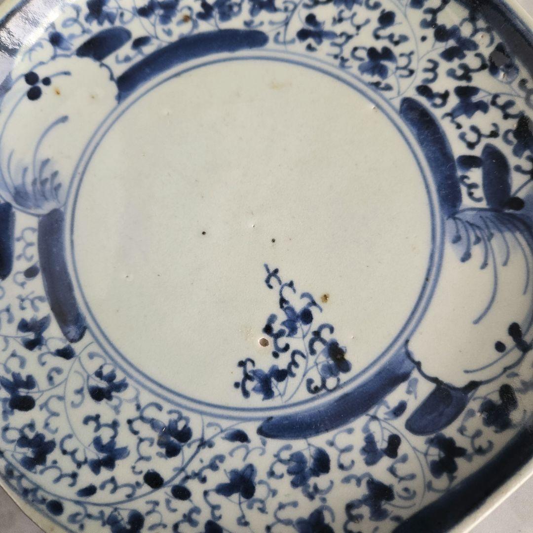 古伊万里　染付　七寸皿　江戸時代　花唐草　　金直し　金継ぎ　骨董　アンティーク