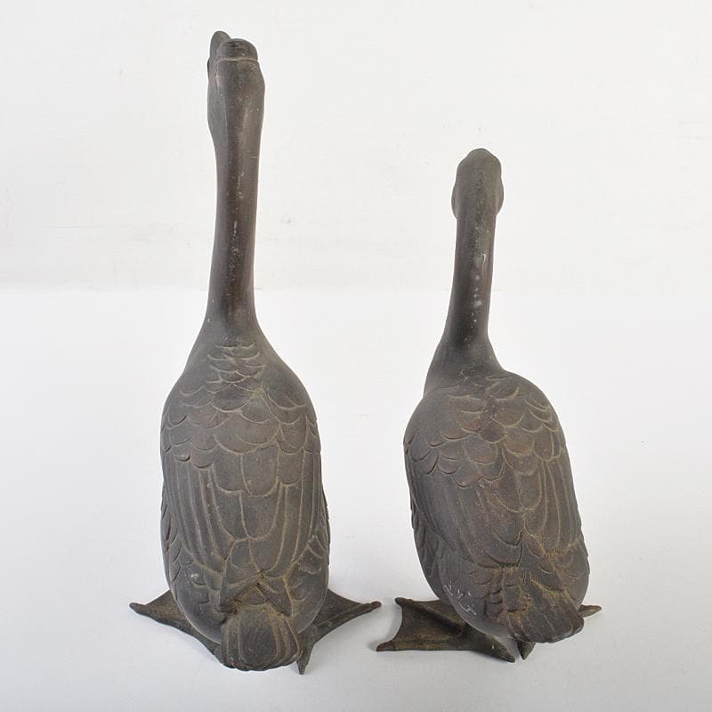 金工　秀山作　鋳銅　家鴨　アヒル　置物　一對　重さ合計約3.2㎏　G　R7513
