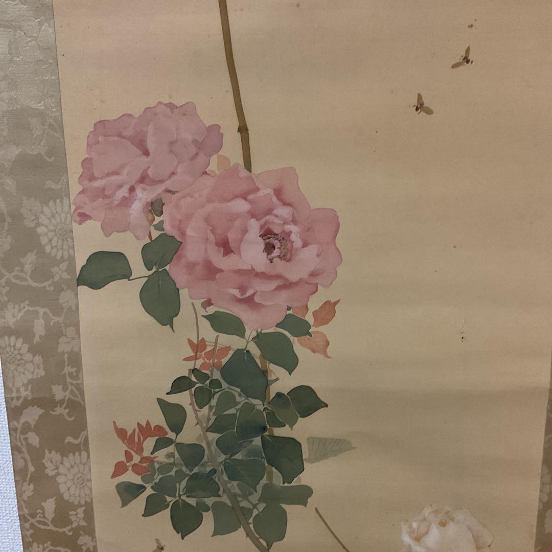 作者不詳作 絹本 花鳥画 【薔薇に花虻図】 表具 作品共経年経過