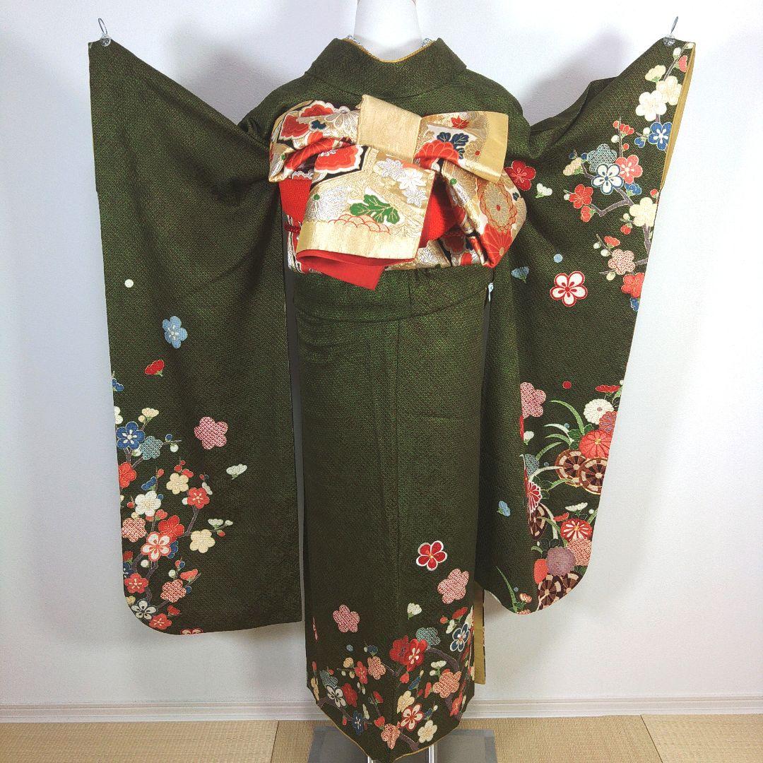 格安！　振袖フルセット　10点　成人式　結婚式　前撮り　グリーン　カーキ　総絞り