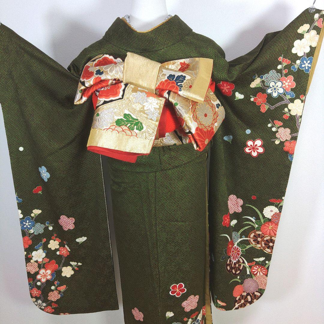 格安！　振袖フルセット　10点　成人式　結婚式　前撮り　グリーン　カーキ　総絞り