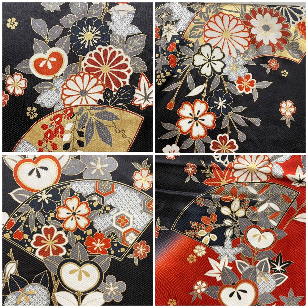 E 美品 豪華な花々模様 金彩 黒×赤 正絹 袷 振袖 着物 成人式 K9