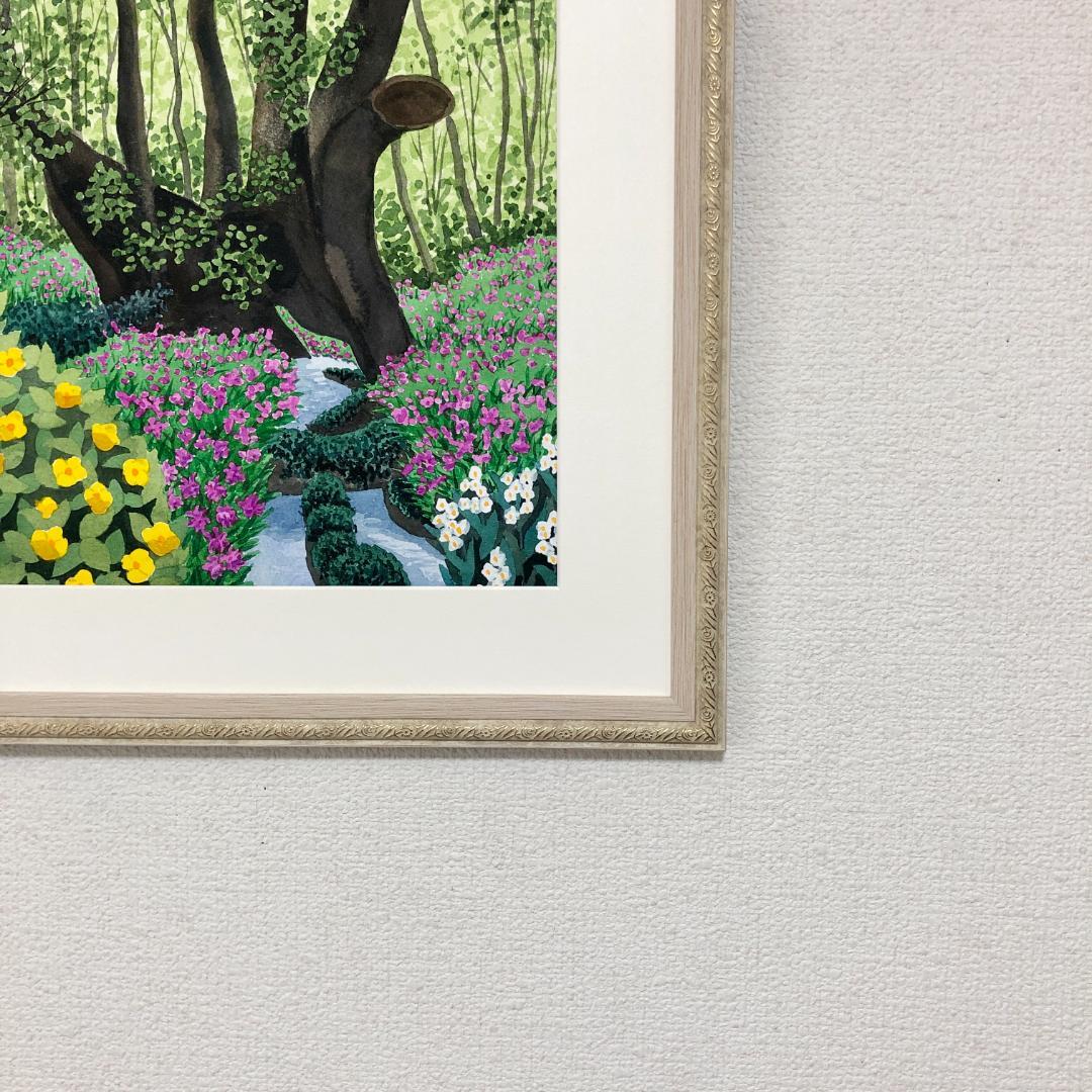 透明水彩画　原画　「千年の大樹とカタクリの花」額縁付　F4サイズ