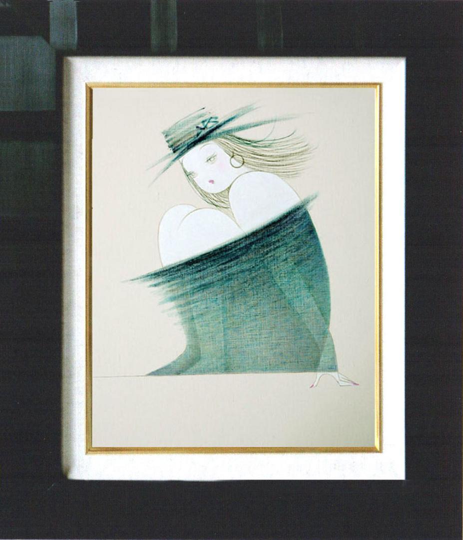 油絵 絵 絵画インテリア 額付(青緑＋金色の枠) F6-080114 人物 女性