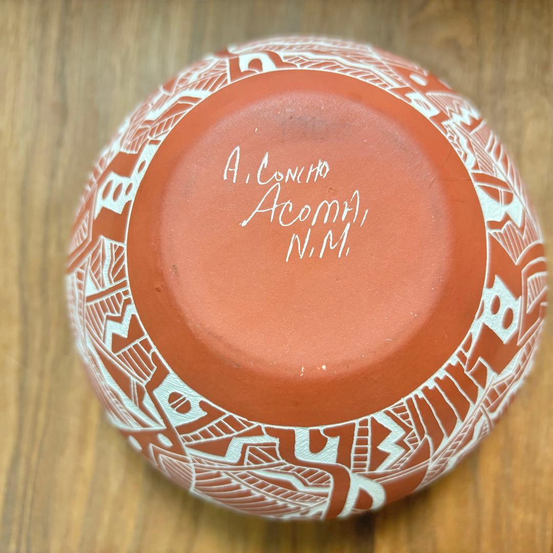 アコマ族◇A. Concho作 ココペリ模様 ハンドメイド陶器 赤土ボウル