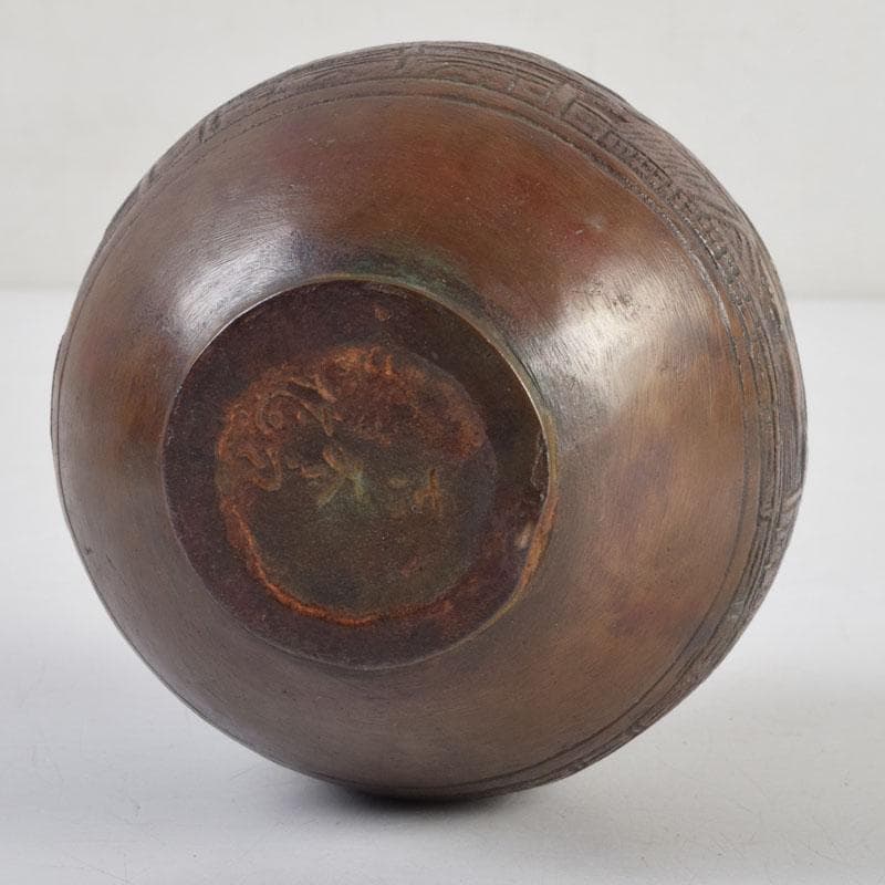 久保田吉太郎作　銅製　山水楼閣文瓶　花瓶　共箱　C　9165