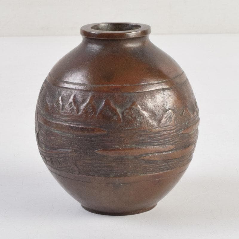 久保田吉太郎作　銅製　山水楼閣文瓶　花瓶　共箱　C　9165