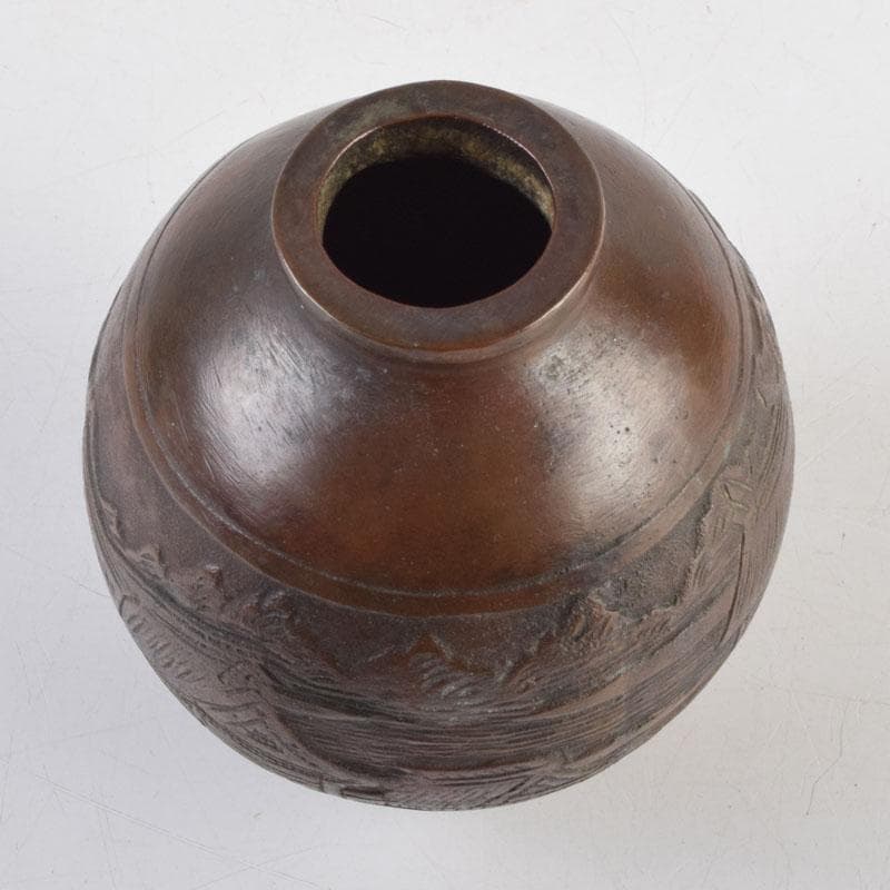 久保田吉太郎作　銅製　山水楼閣文瓶　花瓶　共箱　C　9165