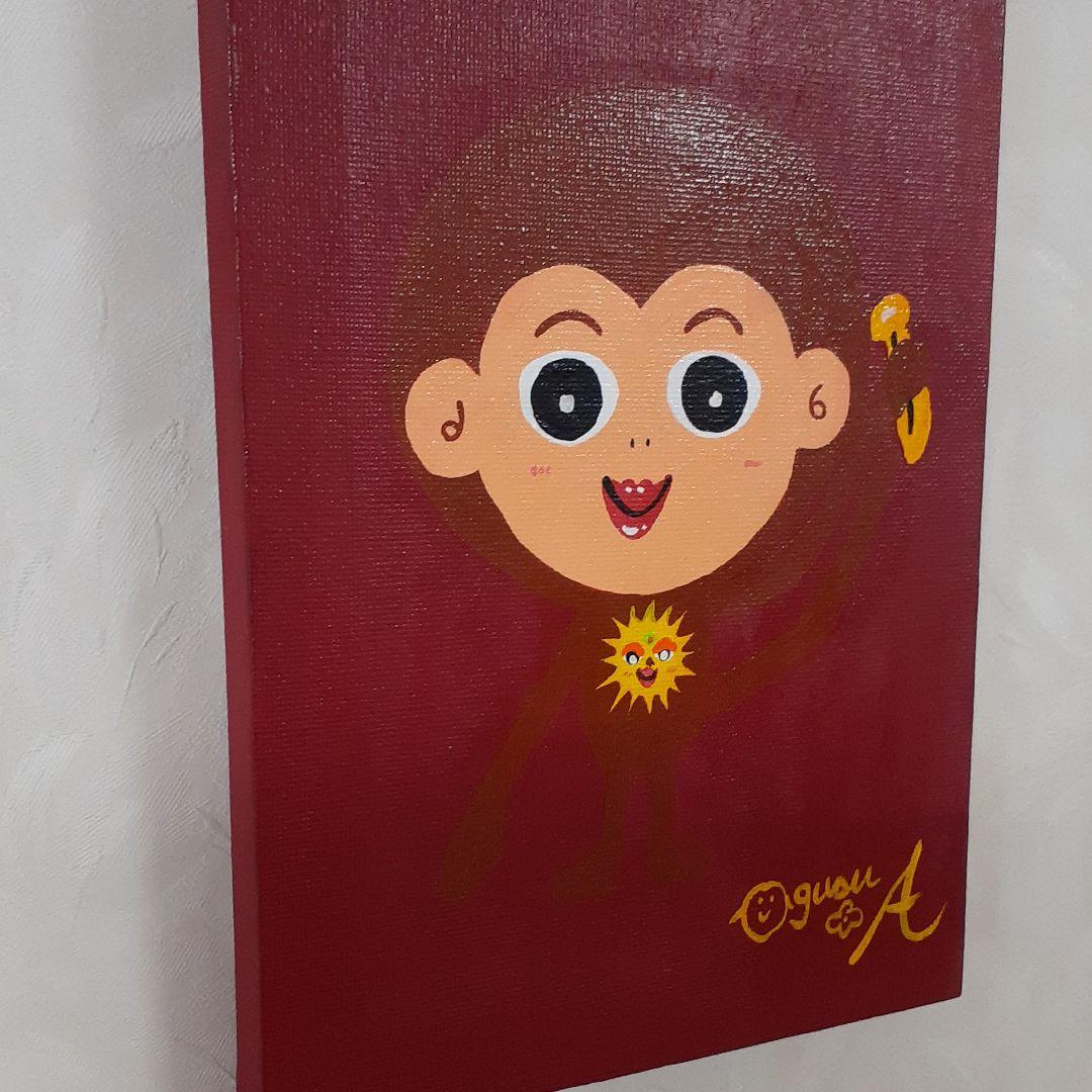 ハッピーモンキー　エンジの背景　サムホールサイズ　アクリルガッシュ　小楠アキコ