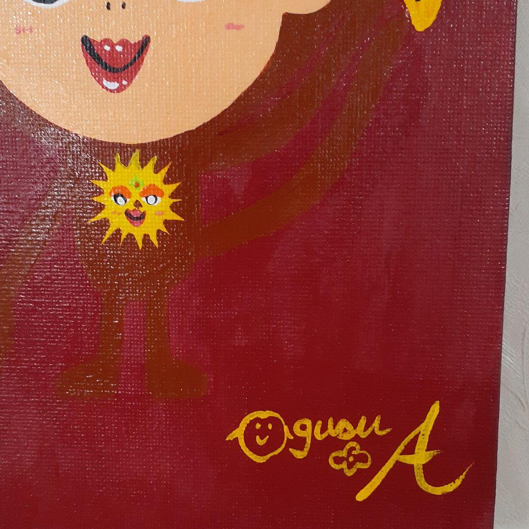 ハッピーモンキー　エンジの背景　サムホールサイズ　アクリルガッシュ　小楠アキコ