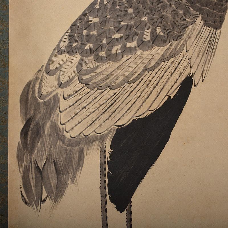 掛軸　伊藤若冲筆　水墨画　鶴図　紙本　二重箱　G　R7656B