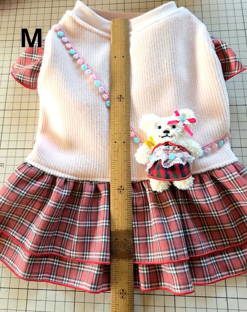 ハンドメイド　犬服 暖か❗キュートなピンクチェックフリルワンピース