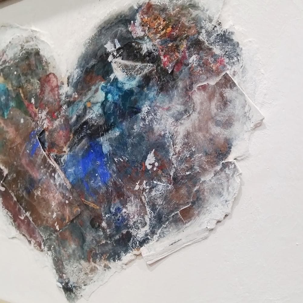 内野隆文　ハート　抽象絵画　パネルにミクストメディア　現代アート　額縁　真作