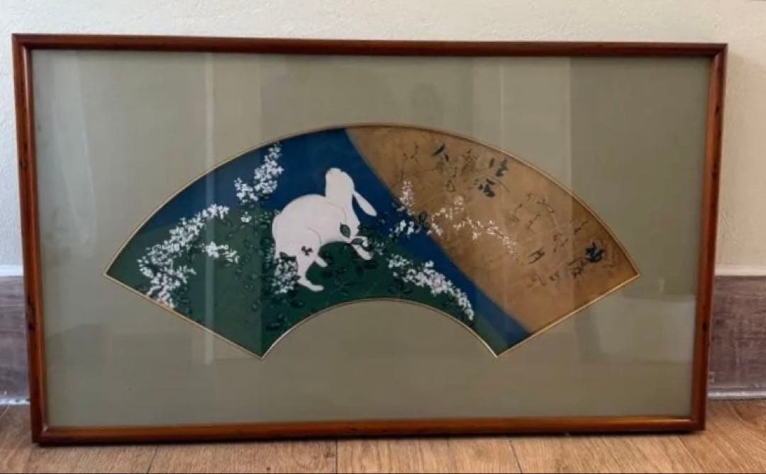 真作保証日本画 71 × 41 cm 扇面画｜兎と秋草 月に想いを馳せて｜額装済
