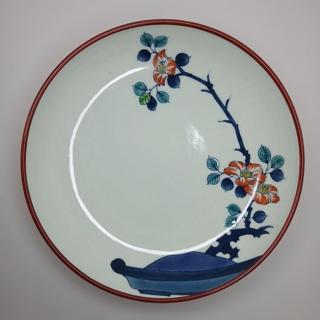 有田焼　(館林)喜助 作　『染錦椿盆栽　七寸深皿』　共箱付き