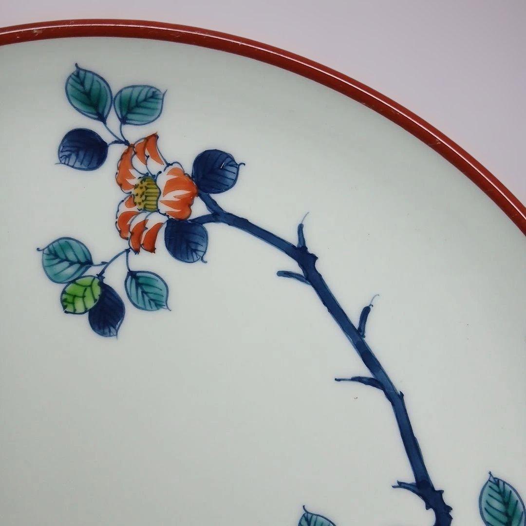 有田焼　(館林)喜助 作　『染錦椿盆栽　七寸深皿』　共箱付き