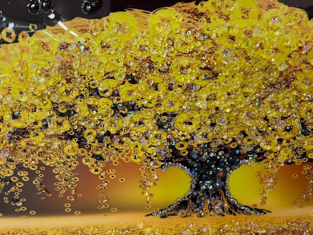 水晶絵　アートパネル　金のなる木　金運　クリスタル　立体　絵画　アート　ゴールド