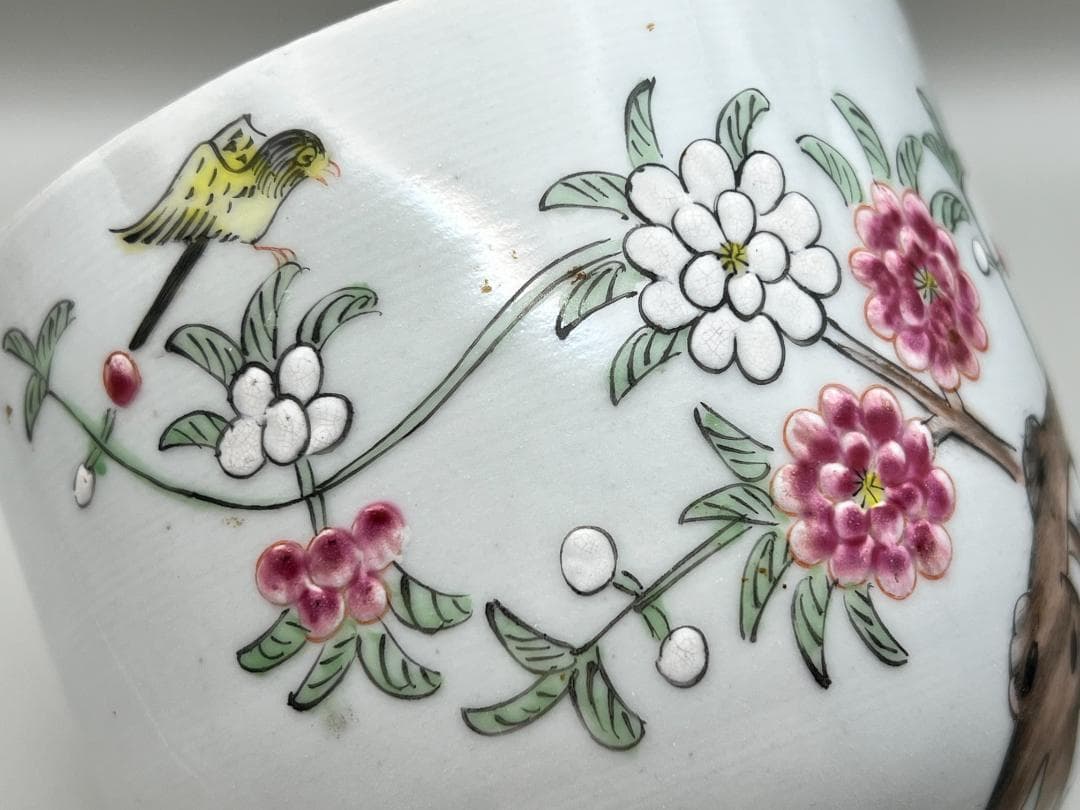 【海】粉彩茶壺　花鳥文　時代　骨董品 時代品 中国美術