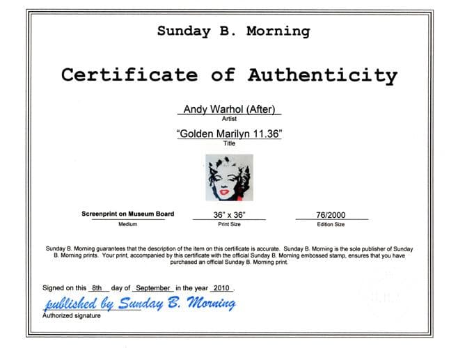 特別額装品/Sunday B ゴールデンマリリン 証明書付/ウォーホル/難あり