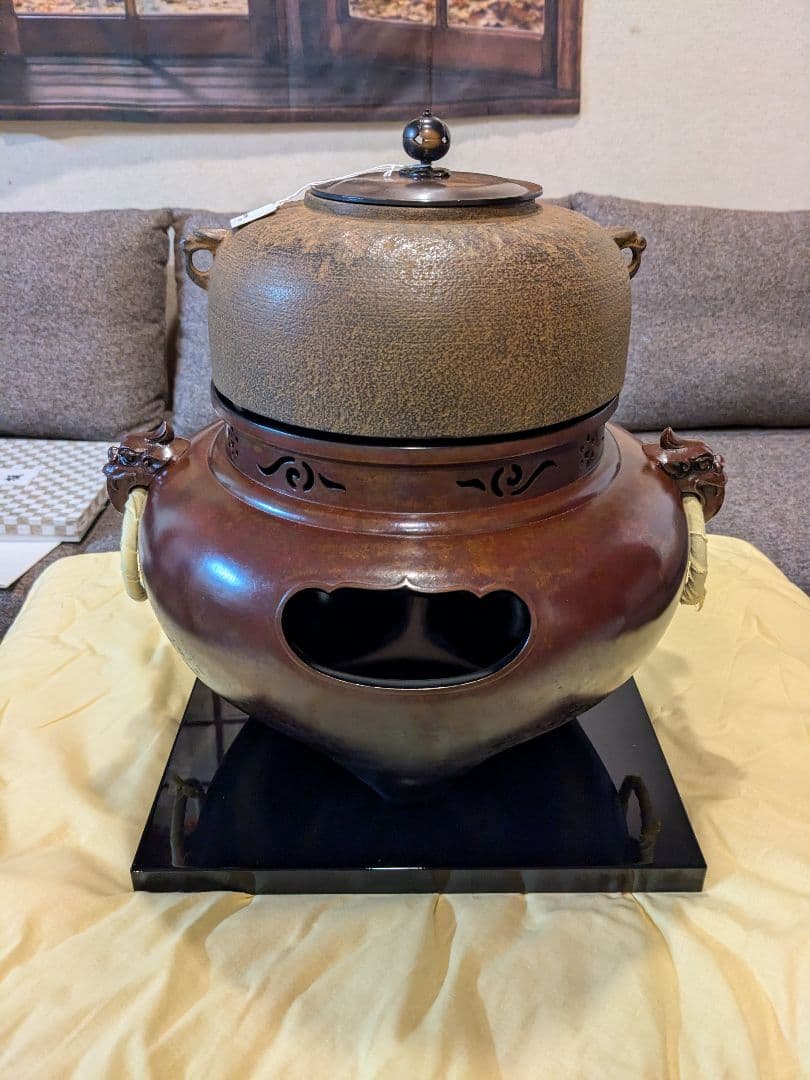 【新品 茶器/茶道具/風炉】平丸釜添 唐銅鬼面風炉 大國藤兵衛作 6代