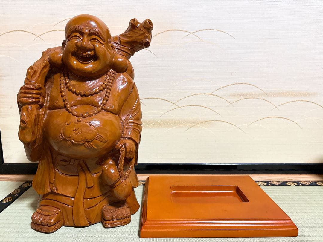 木彫り 布袋様 台座付き