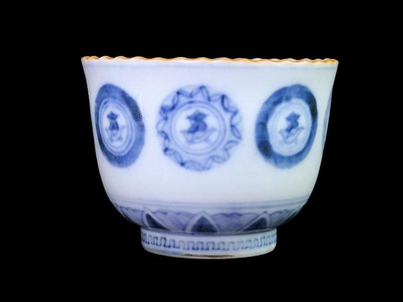 古伊万里　染付　丸紋に赤壁の賦の図　向付　５客　E880AS-fbsp