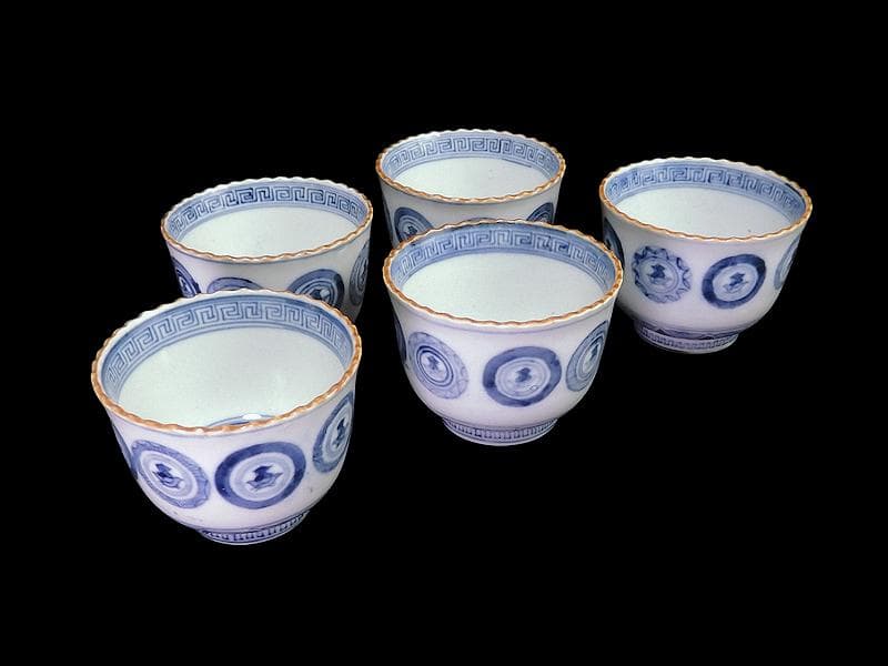 古伊万里　染付　丸紋に赤壁の賦の図　向付　５客　E880AS-fbsp