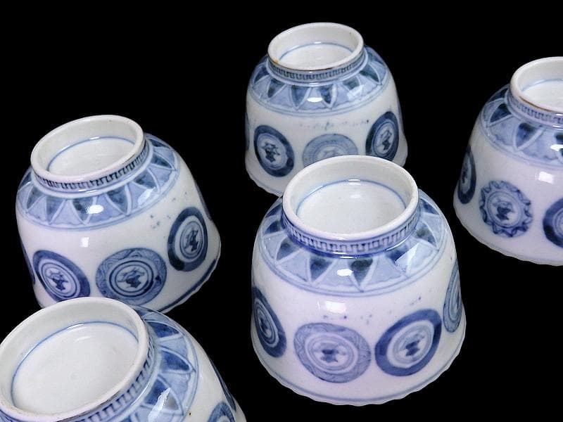 古伊万里　染付　丸紋に赤壁の賦の図　向付　５客　E880AS-fbsp