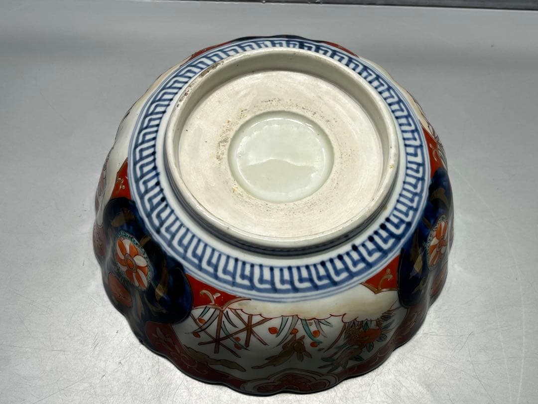 明治時代　伊万里　跳ね兎　色絵　輪花　深鉢