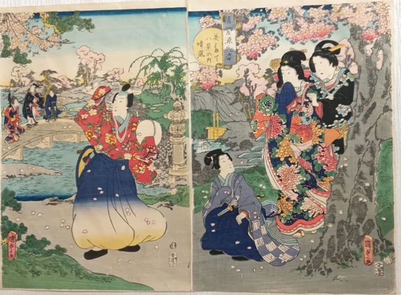 浮世絵、偐紫源氏姿美多て八景の内春嵐、二代国貞画三枚綴りの内右側と真ん中2枚売り