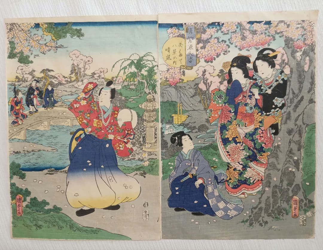 浮世絵、偐紫源氏姿美多て八景の内春嵐、二代国貞画三枚綴りの内右側と真ん中2枚売り