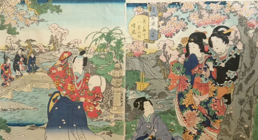 浮世絵、偐紫源氏姿美多て八景の内春嵐、二代国貞画三枚綴りの内右側と真ん中2枚売り