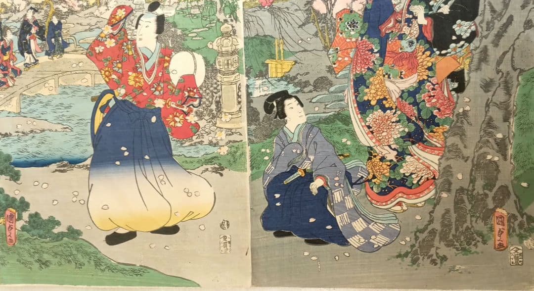 浮世絵、偐紫源氏姿美多て八景の内春嵐、二代国貞画三枚綴りの内右側と真ん中2枚売り