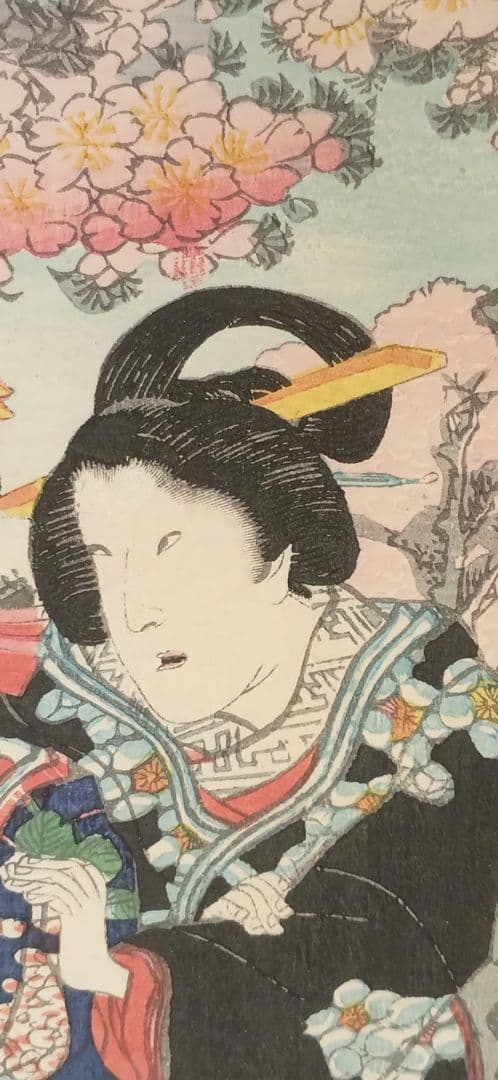 浮世絵、偐紫源氏姿美多て八景の内春嵐、二代国貞画三枚綴りの内右側と真ん中2枚売り