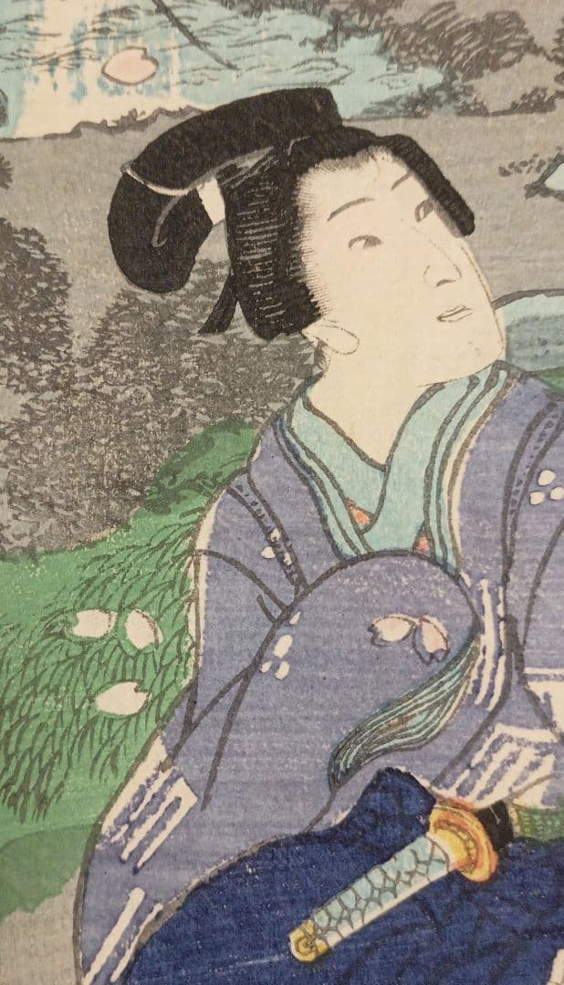 浮世絵、偐紫源氏姿美多て八景の内春嵐、二代国貞画三枚綴りの内右側と真ん中2枚売り