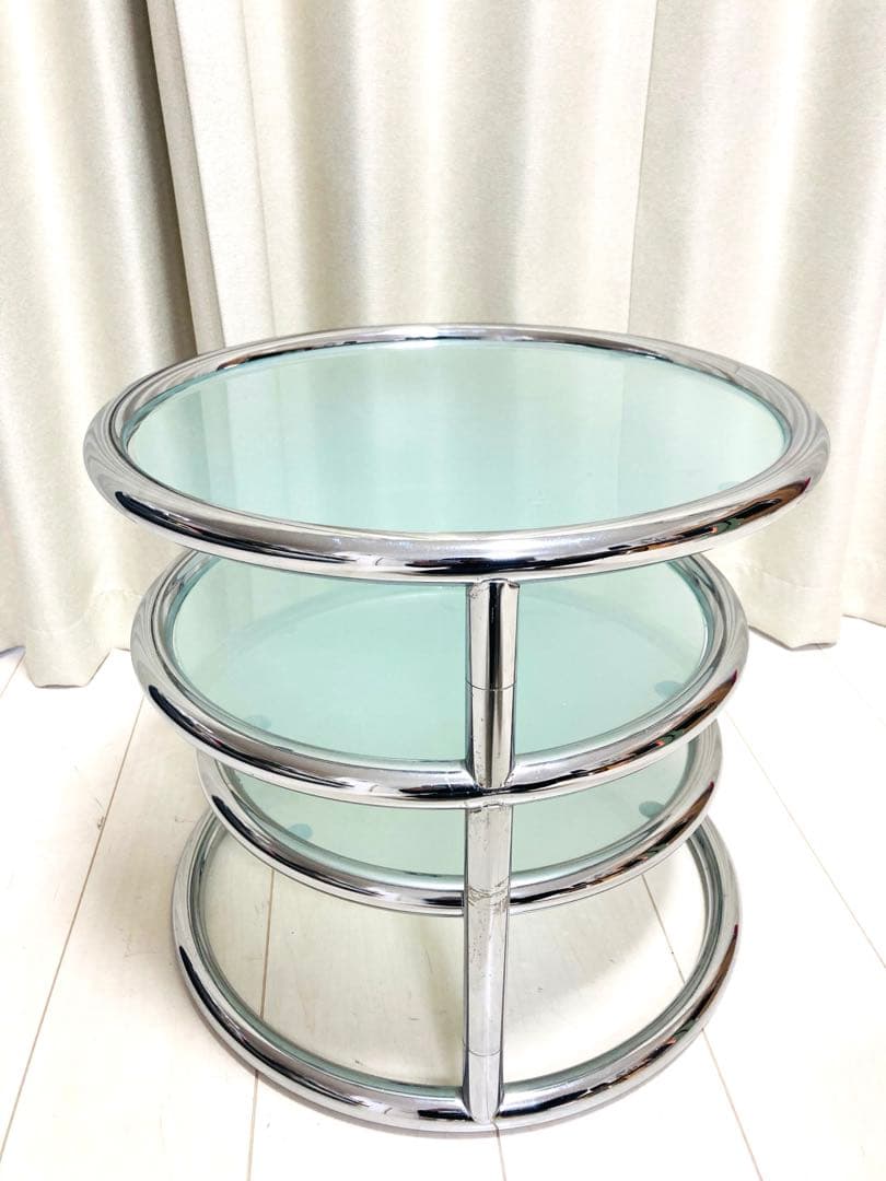 ミッドセンチュリー　ガラステーブル　4段　可変式　丸テーブル　インテリア