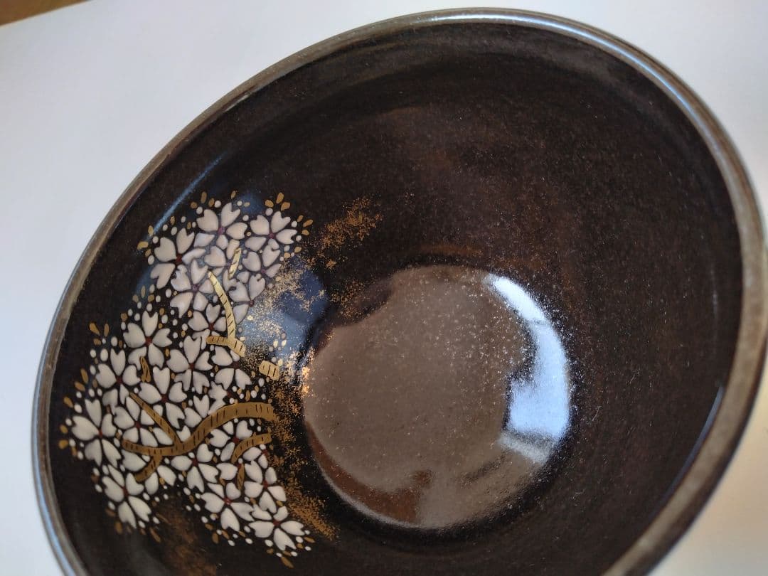 陽炎園　膳所焼　色絵夜桜茶碗　抹茶碗　茶道具　淡海膳所　共箱 共布 栞付