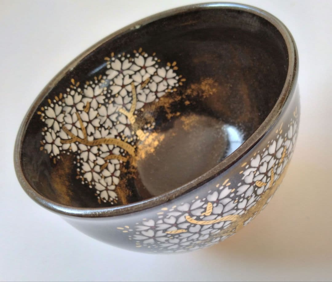 陽炎園　膳所焼　色絵夜桜茶碗　抹茶碗　茶道具　淡海膳所　共箱 共布 栞付