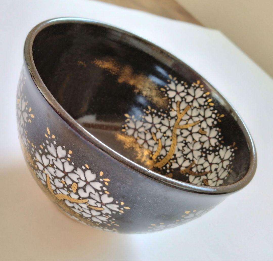 陽炎園　膳所焼　色絵夜桜茶碗　抹茶碗　茶道具　淡海膳所　共箱 共布 栞付