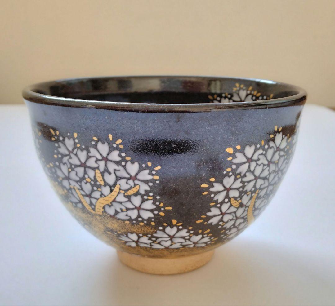 陽炎園　膳所焼　色絵夜桜茶碗　抹茶碗　茶道具　淡海膳所　共箱 共布 栞付