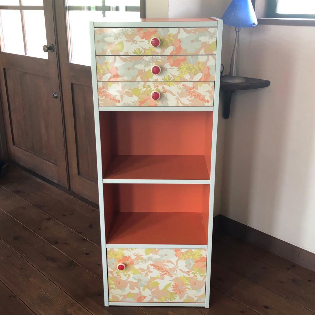 最終値❗️昭和レトロな木製ラック　オレンジ色の引き出しは3段 赤いつまみが可愛い