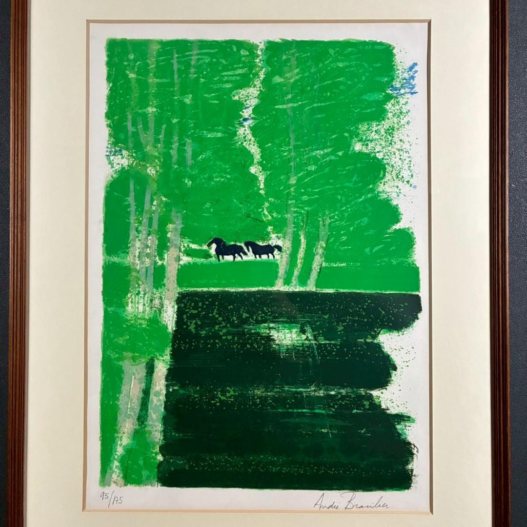 美品 アンドレ・ブラジリエ「池の小馬」リトグラフ 大作 直筆サイン入り 額縁入り