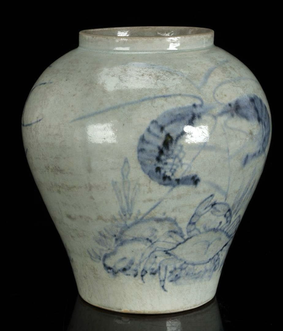 時代物 李朝 染付魚蟹海老文 壺 花瓶 箱付 白磁 青花 朝鮮古陶 唐物 骨董品