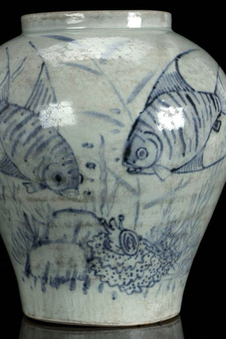 時代物 李朝 染付魚蟹海老文 壺 花瓶 箱付 白磁 青花 朝鮮古陶 唐物 骨董品